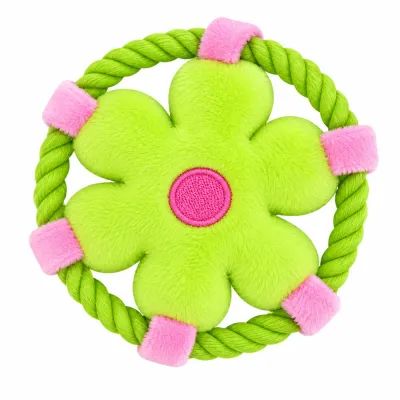 Green flower plush rope dog toy with durable rope ring for chewing and interactive play