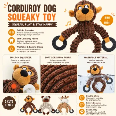 Corduroy plush dog squeaky toy with built in squeaker washable fabric and soft chew-safe material