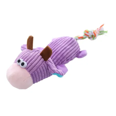 Purple cow plush squeaky dog toy made with soft corduroy fabric and rope tail