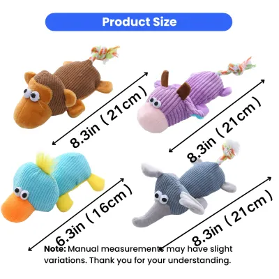 Size comparison chart for corduroy plush squeaky dog toys in different animal styles