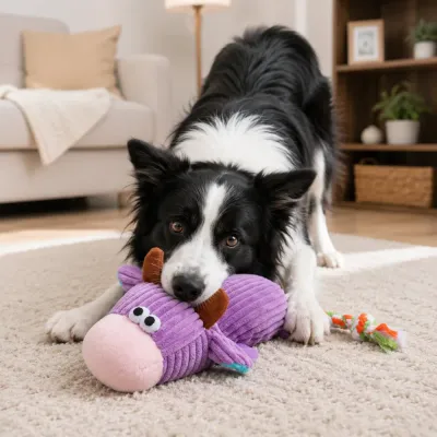 Black and white dog chewing purple plush squeaky toy on carpet indoors