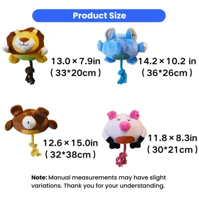 Plush Dog Toy Size Guide for Lion Elephant Bear Pig Toys Size chart for plush squeaky dog toys including lion, elephant, bear, and pig designs