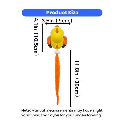 Pull-Back Cat Toy Size Details for Indoor Cats Size chart of fluffy tail pull-back cat toy showing dimensions in inches and centimeters