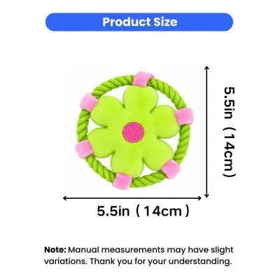 Size chart of flower plush rope dog toy measuring 5.5 inches for puppies and small dogs