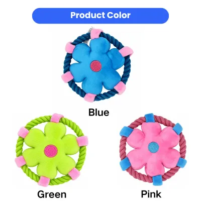 Color options of flower plush rope dog toys in blue, green, and pink for chewing and interactive play