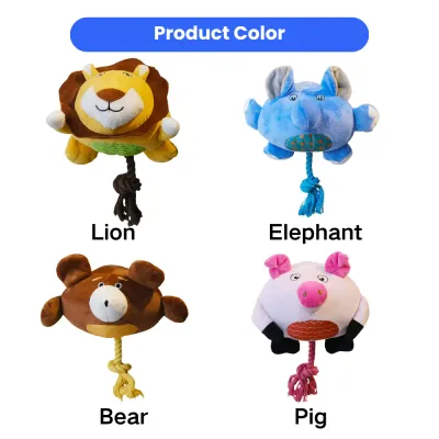Animal Plush Squeaky Dog Toys Collection for Pets Lion, elephant, bear, and pig plush squeaky dog toys with rope tails in multiple colors