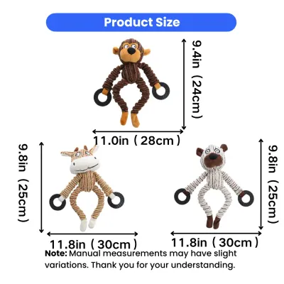 Size chart for corduroy dog squeaky toys with inch and cm measurements for monkey bear and cow styles