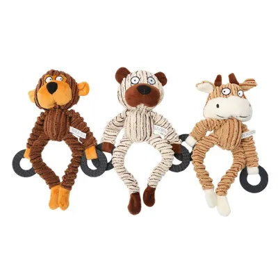 Set of corduroy animal dog squeaky toys with chew teething rings including monkey bear and cow styles