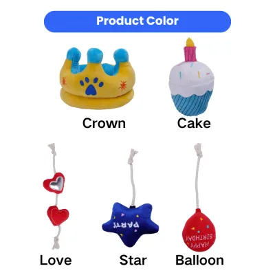 Birthday themed plush dog toy set including crown cake balloon heart rope and star toys for dogs