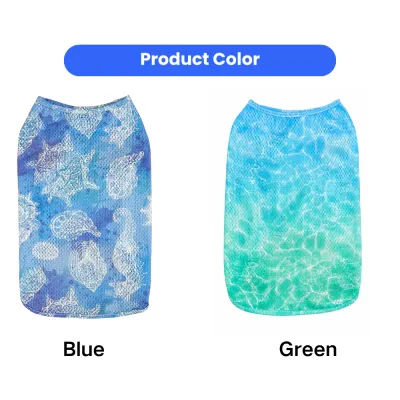 Breathable summer cooling dog vest available in blue ocean print and green gradient styles