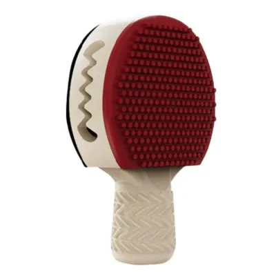 Racket Shaped Dog Chew Toy with Textured TPR Surface | Petfairs Red racket shaped dog chew toy with textured TPR bumps and ergonomic grip for teeth cleaning and interactive play