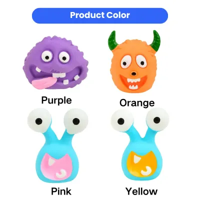 Alien Monster Latex Dog Toys Color Options for Small Dogs | Petfairs Color options of alien monster latex squeaky dog toys including purple, orange, pink and yellow styles for interactive dog play