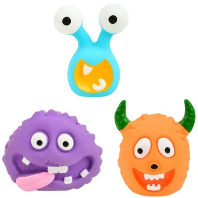 Cute Alien Latex Dog Toys for Chewing and Squeaky Play Yellow alien latex dog toy with large eyes alongside purple and orange monster squeaky dog toys