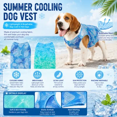 Dog wearing breathable summer cooling vest with lightweight mesh fabric UV protection and quick dry features