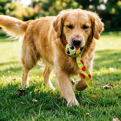 Golden Retriever Playing with Ball Sound Plush Dog Toy Outdoors Golden retriever carrying colorful squeaky plush dog toy while playing outdoors on grass