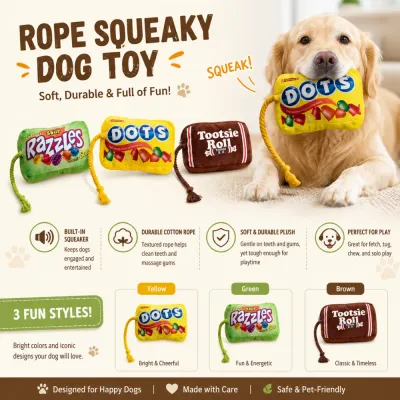 Golden retriever playing with plush rope squeaky dog toy alongside colorful candy-inspired toy collection