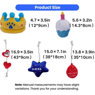 Plush birthday dog toys size chart with crown cake heart rope star and balloon toys in inches and cm