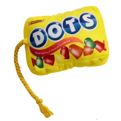 Yellow plush candy-style rope squeaky dog toy with durable cotton rope handle for chewing, tugging and interactive play