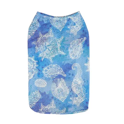 Blue summer cooling dog vest with breathable mesh fabric and ocean pattern design for small and medium dogs
