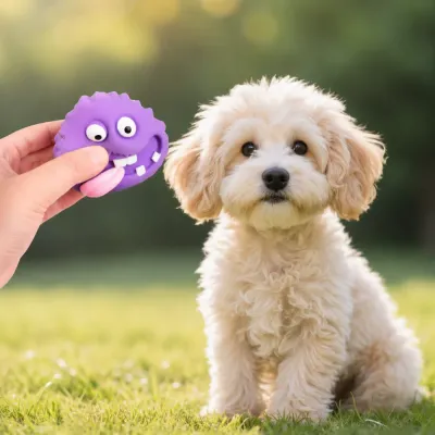 Puppy Playing with Purple Alien Latex Squeaky Dog Toy Outdoors Small fluffy puppy looking at a purple alien monster latex squeaky dog toy during outdoor playtime