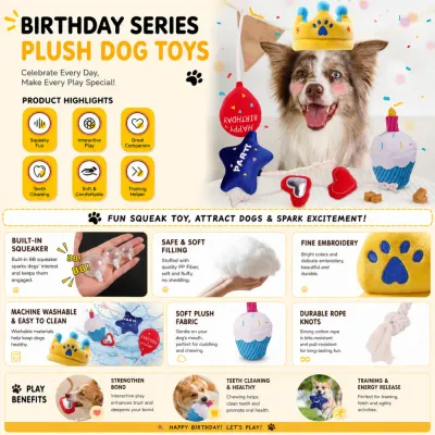 Birthday series plush dog toys with squeaker PP fiber filling rope knots and washable fabric