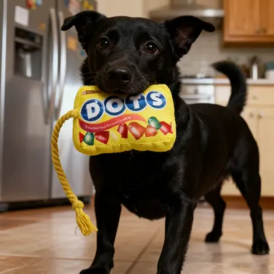 Yellow candy-inspired plush squeaky dog toy with soft plush fabric and braided cotton rope tail