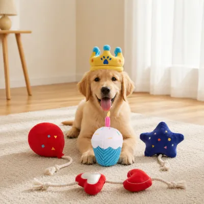 Golden retriever puppy wearing birthday crown surrounded by plush birthday dog toys indoors
