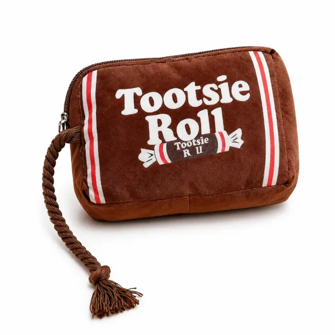Brown plush squeaky dog toy with candy-inspired print and twisted cotton rope handle