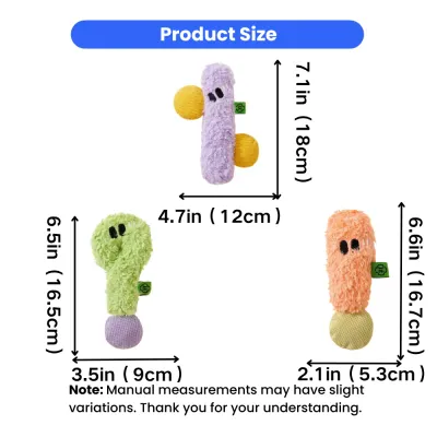 Catnip Plush Cat Toy Size Guide for Indoor Cats | Petfairs Size chart of plush catnip sound toys showing dimensions in inches and centimeters for cats