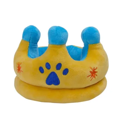 Birthday Crown Plush Dog Toy for Puppies & Small Dogs | Petfairs Soft birthday crown plush dog toy with embroidered paw print for puppy party play and pet birthday decoration