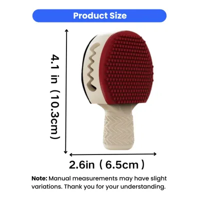 Racket Dog Chew Toy Size Guide 4.1in x 2.6in | Petfairs Size chart of racket shaped dog chew toy measuring 4.1 inches by 2.6 inches