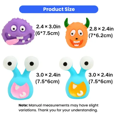 Alien Monster Latex Dog Toy Size Guide for Puppies and Small Dogs Size chart of alien monster latex dog toys with inch and centimeter measurements for puppies and small dogs