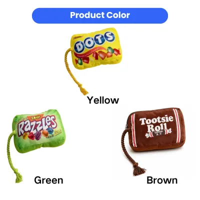 Assorted plush candy rope dog toys in yellow green and brown colors with squeaker and cotton rope handle