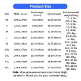 Size chart for breathable summer cooling dog vest with neck chest and back measurements in inches and centimeters