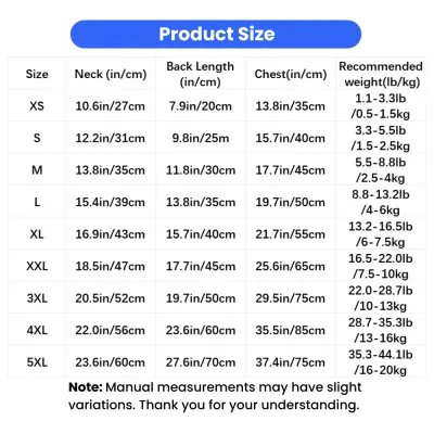 Size chart for breathable summer cooling dog vest with neck chest and back measurements in inches and centimeters