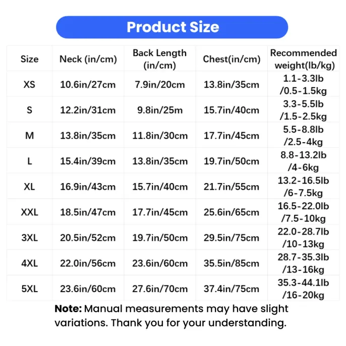Size chart for breathable summer cooling dog vest with neck chest and back measurements in inches and centimeters