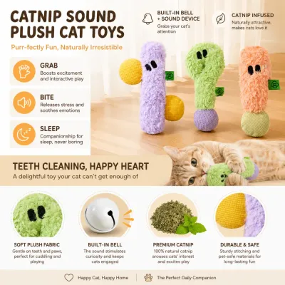 Interactive Catnip Plush Sound Cat Toys Feature Overview Plush catnip sound cat toys with built-in bell soft fabric and interactive chewing features for cats