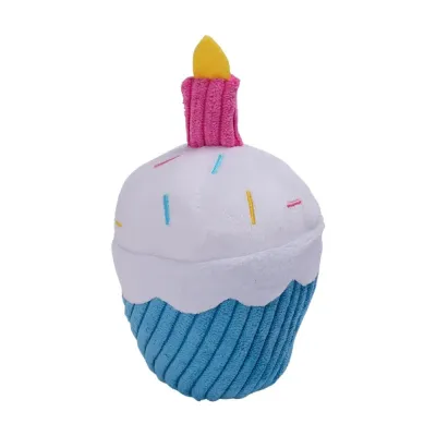 Birthday cake shaped plush dog toy with soft corduroy texture and squeaky design for dogs