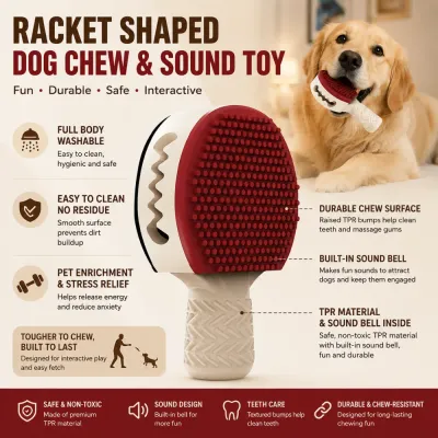 Interactive Racket Dog Chew & Sound Toy Features | Petfairs Dog chewing racket shaped TPR toy with sound bell, textured surface, and durable chew-resistant design