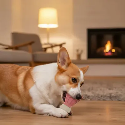 Indoor Dog Playing with Squeaky Chew Toy | Petfairs Corgi chewing pink badminton shaped squeaky dog toy indoors on wooden floor