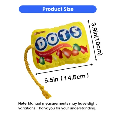 Plush rope squeaky dog toy size chart showing 5.5 inch width and 3.9 inch height measurements
