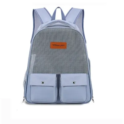 Blue Mesh Cat Carrier Backpack Front View Blue breathable cat carrier backpack with front mesh ventilation and dual storage pockets