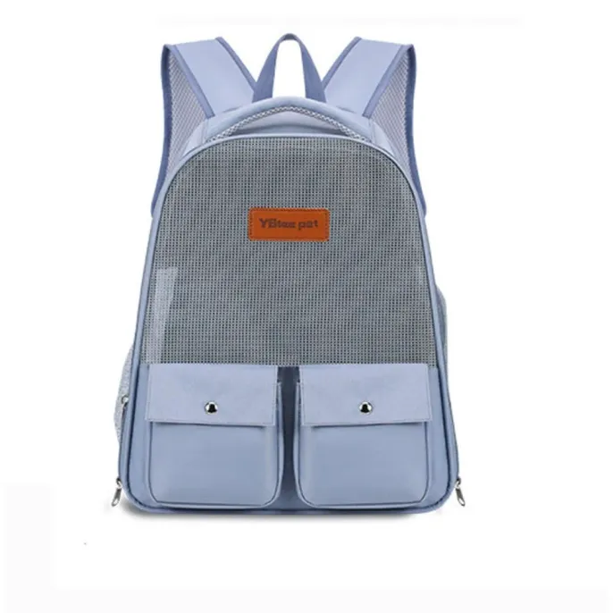 Blue breathable cat carrier backpack with front mesh ventilation and dual storage pockets