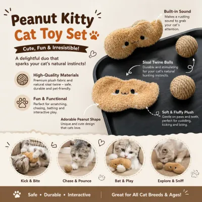 Interactive peanut kitty cat toy set with plush toy and sisal twine balls for scratching, biting and chasing play