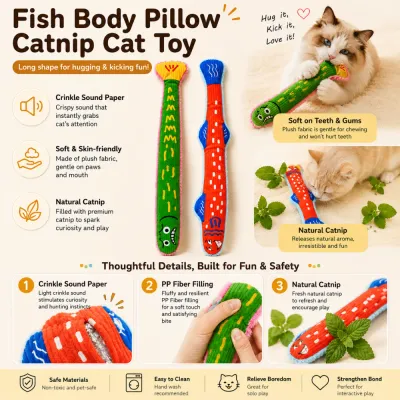 Plush fish body cat toy with catnip filling, crinkle paper, and PP fiber details
