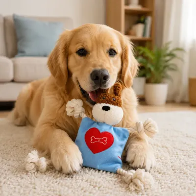 Golden retriever puppy playing indoors with plush rope crinkle dog toy in a cozy living room setting
