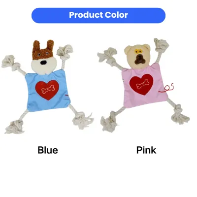 Plush rope dog toy available in blue and pink colors with squeaky crinkle body and durable cotton rope legs