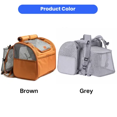 Foldable Mesh Pet Carrier Backpack Available in Brown and Grey Foldable pet carrier backpack in brown and grey colors with breathable mesh design
