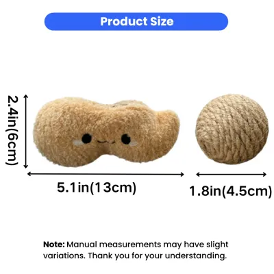 Size chart of peanut kitty plush cat toy and sisal twine balls for interactive indoor cats