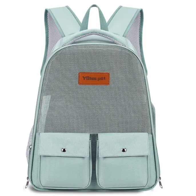 Green breathable pet carrier backpack with spacious storage pockets and mesh front